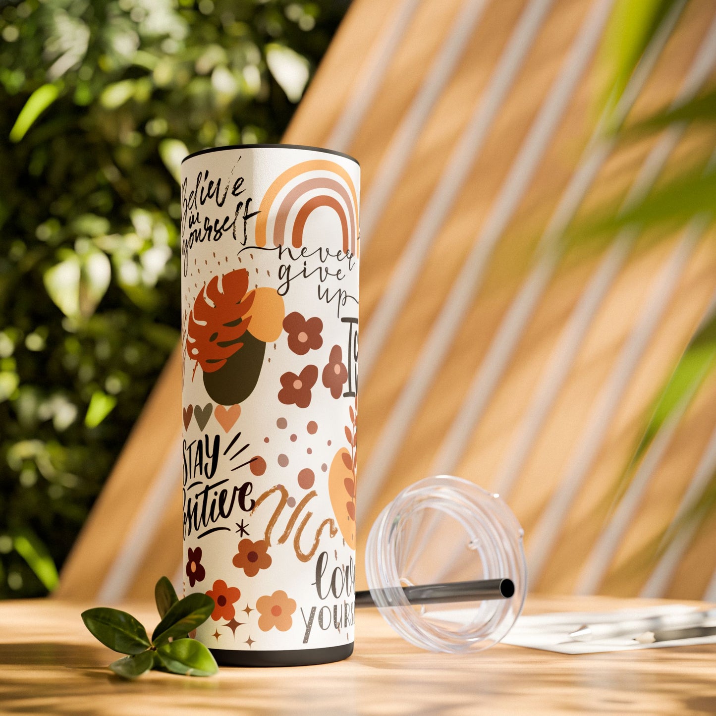 Believe in yourself-Bohemian Art Skinny Tumbler - 20oz with Straw, Inspirational Quote