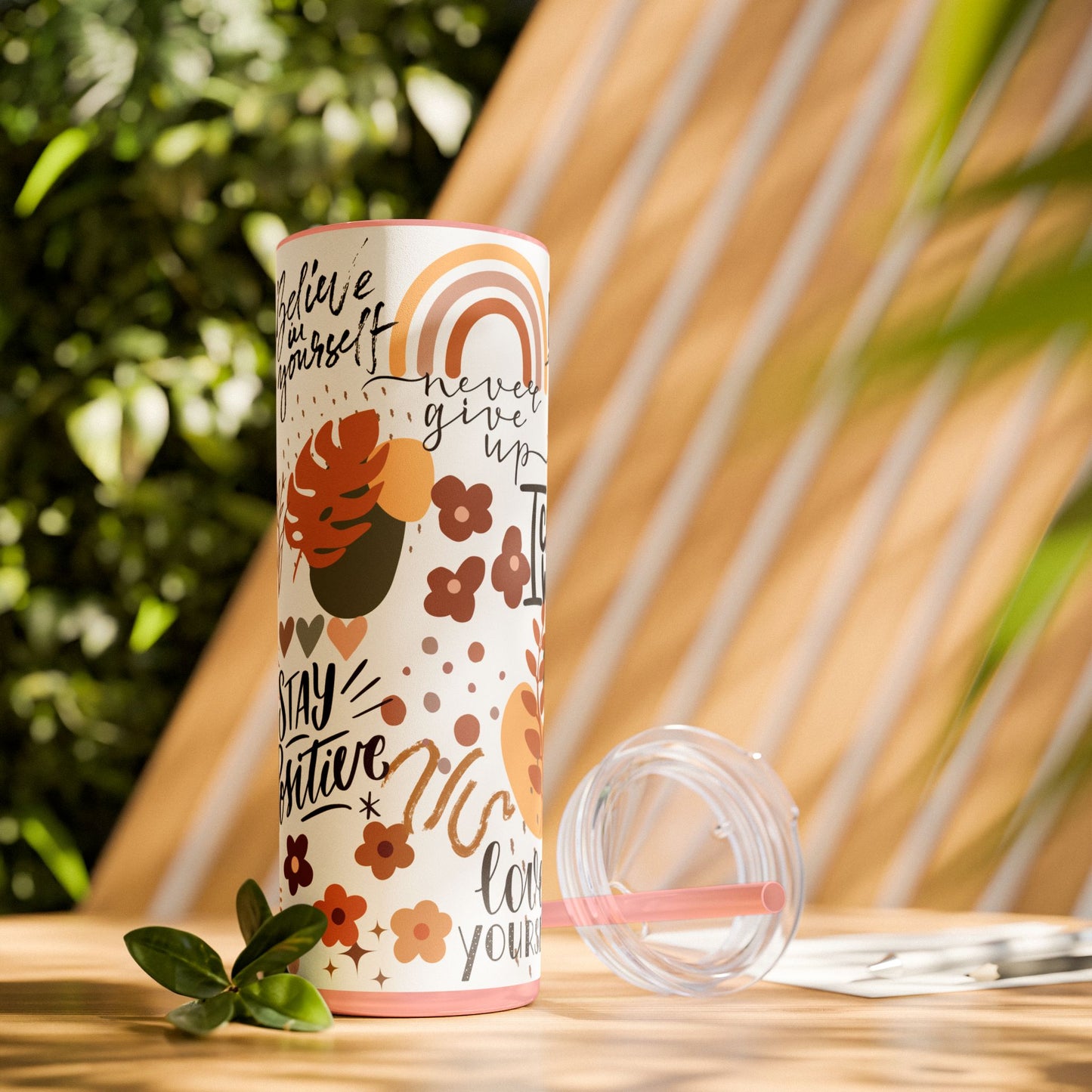 Believe in yourself-Bohemian Art Skinny Tumbler - 20oz with Straw, Inspirational Quote