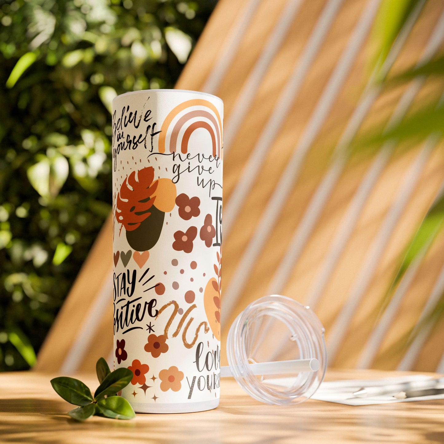 Believe in yourself-Bohemian Art Skinny Tumbler - 20oz with Straw, Inspirational Quote