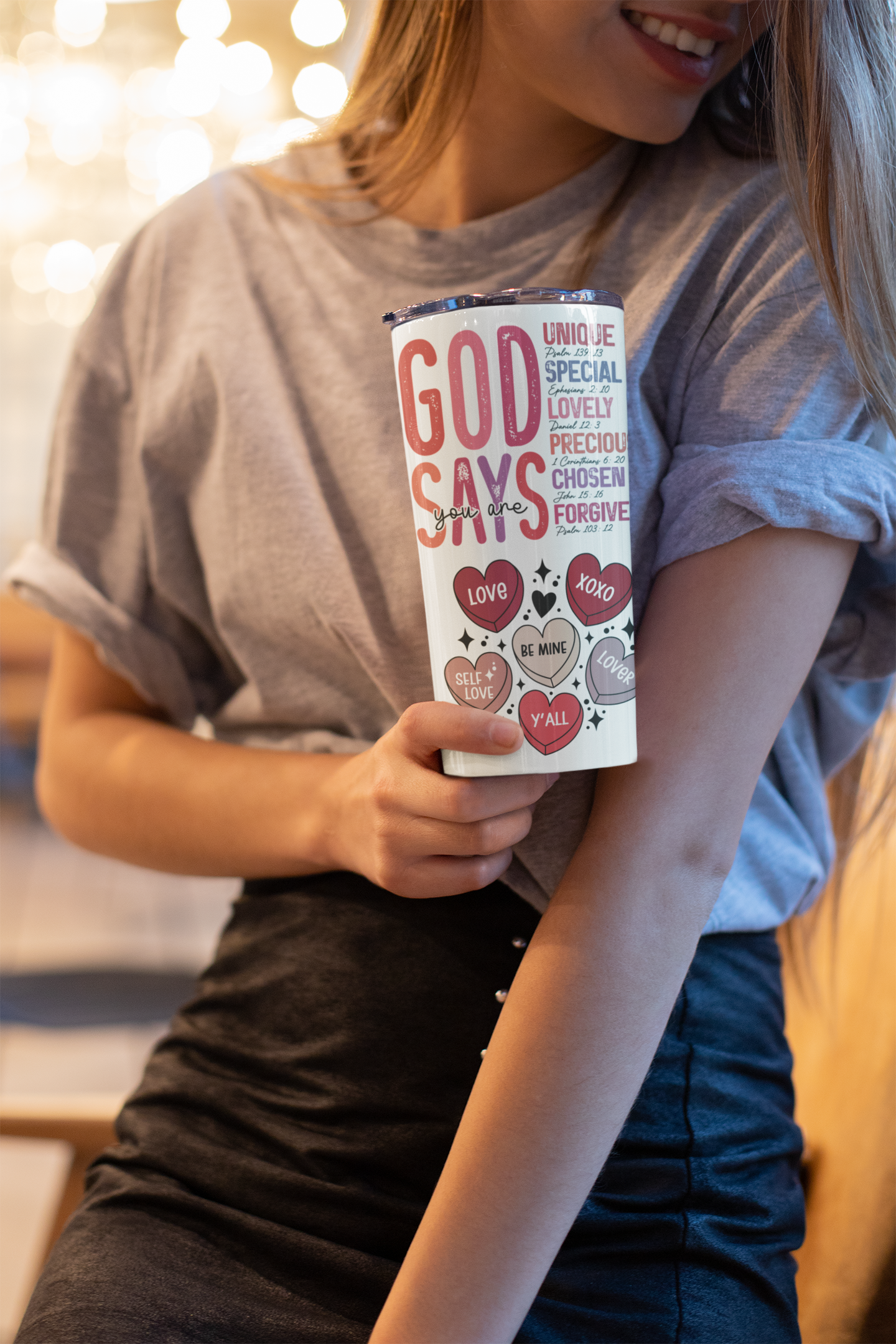 God Says you are loved- Self Love Skinny Tumbler with Straw, 20oz