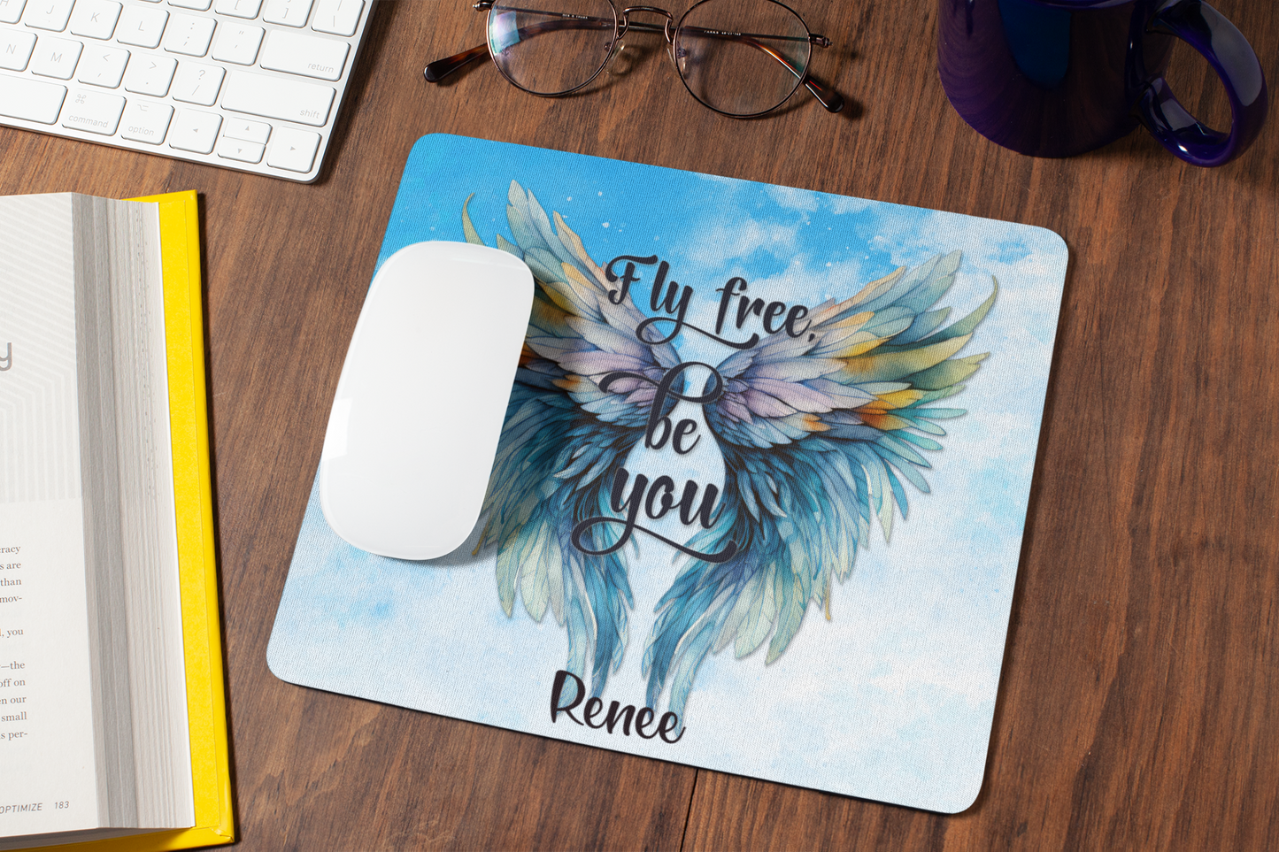 Inspirational Mouse Pad - "Fly Free, Be You" with Angel Wings Design