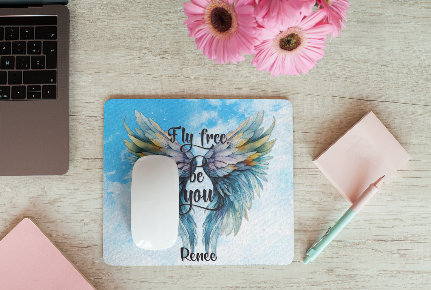 Inspirational Mouse Pad - "Fly Free, Be You" with Angel Wings Design