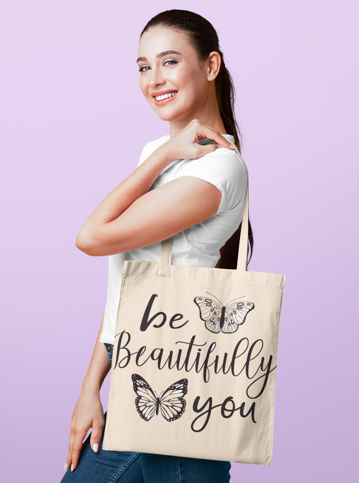 Inspirational Butterfly Cotton Canvas Tote Bag - "Be Beautifully You"
